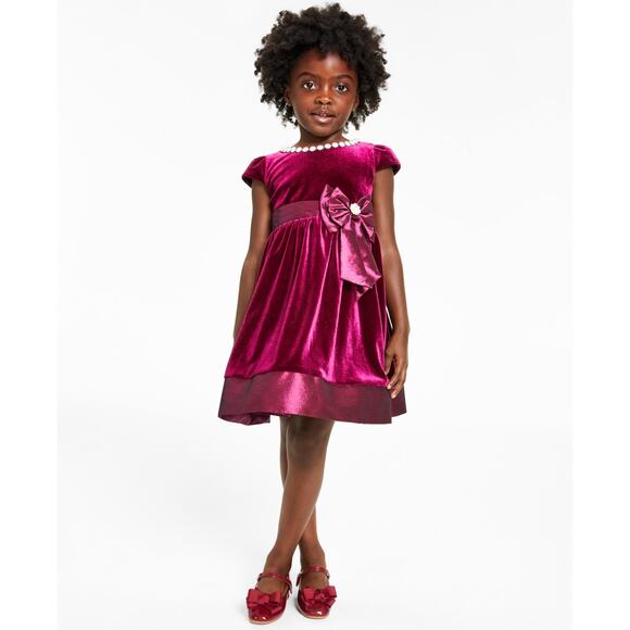Little Girls Cap Sleeve Fit Flare Velvet Bodice with Bow Dress Burgundy 6X NWT - Picture 1 of 2